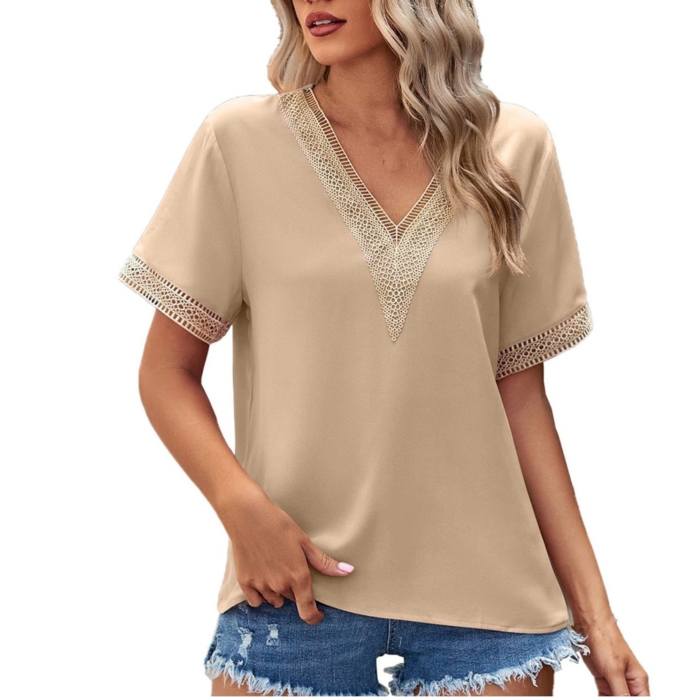 Elegant Beige V Neck Top With Lace Detail